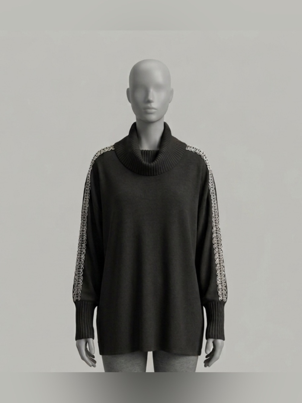 Black Turtleneck Sweater with Decorative Silver Sleeve Detail